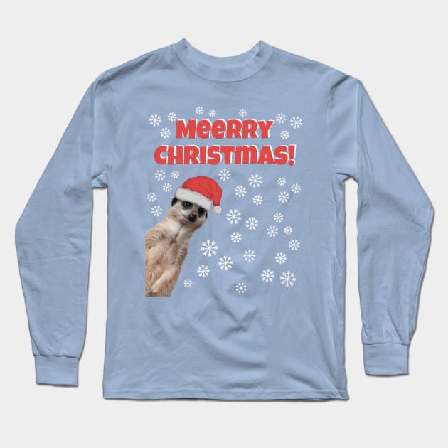 Merry Christmas (Meerry) -Cute Meerkat in Christmas hat with snowflakes Long Sleeve T-Shirt by Off the Page